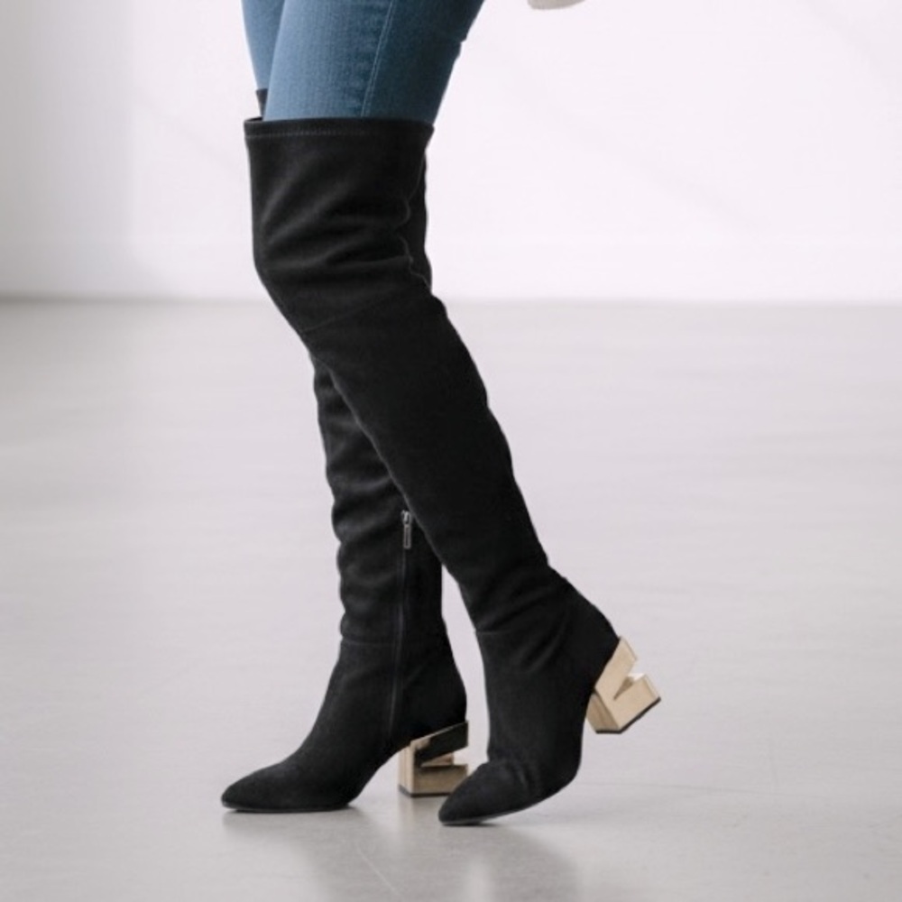 Vitto Rossi Black Suede Knee-High Boots with metallic  Block Heel – Size 6
